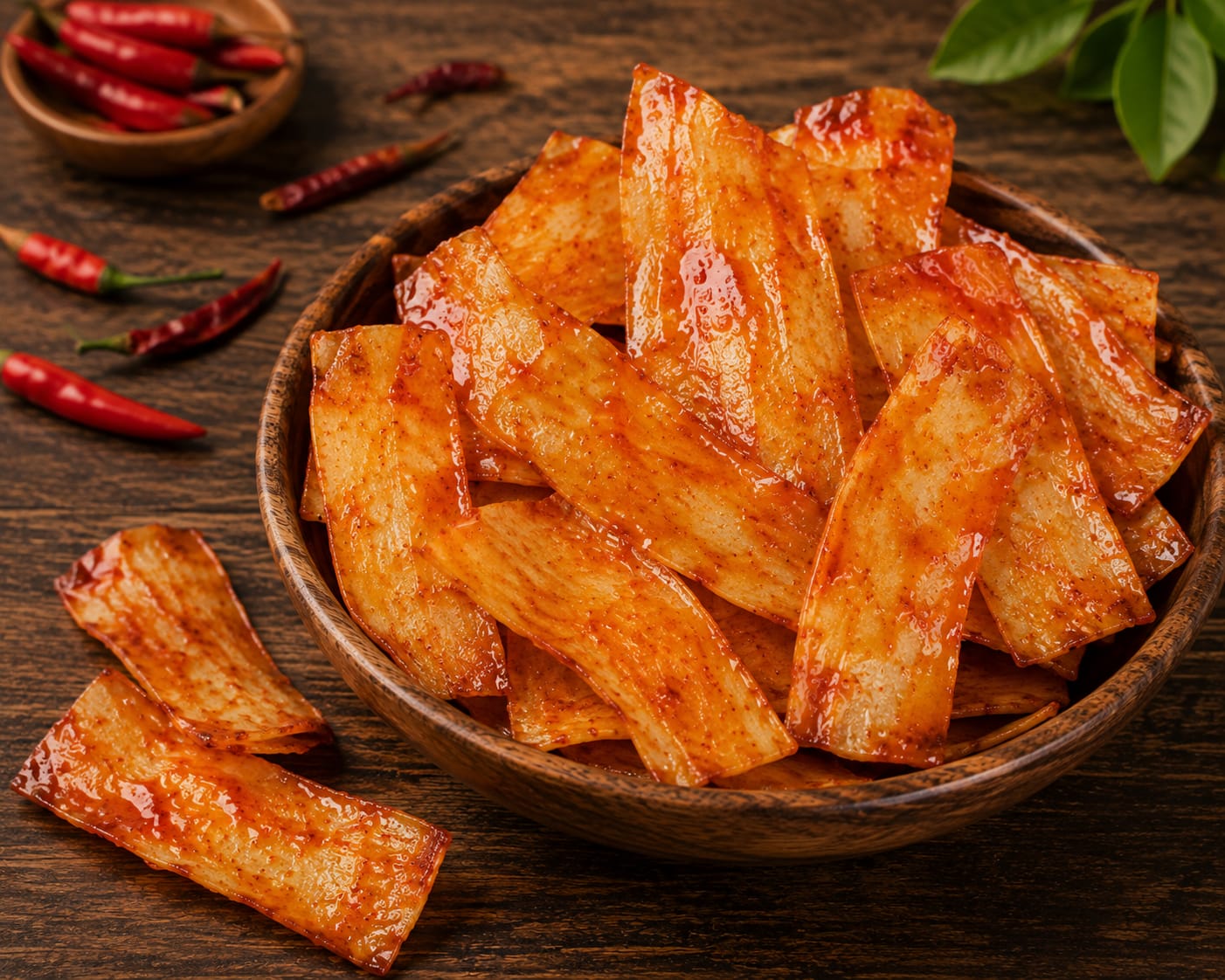 Crispy cassava chips seasoned with chili and Indonesian spices