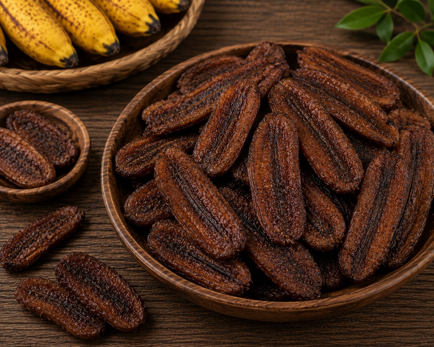 Naturally sweet dried banana slices with chewy or crispy texture